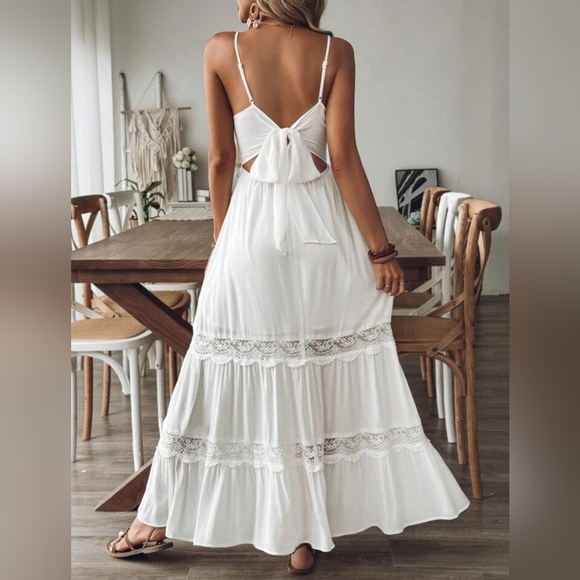 Boho Beach Backless Tie Cami Maxi Dress in White main image 0